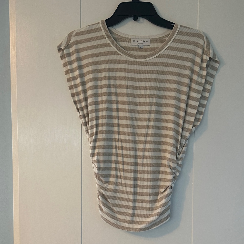 Michael Stars Beige and White Striped Muscle Tee Sz M